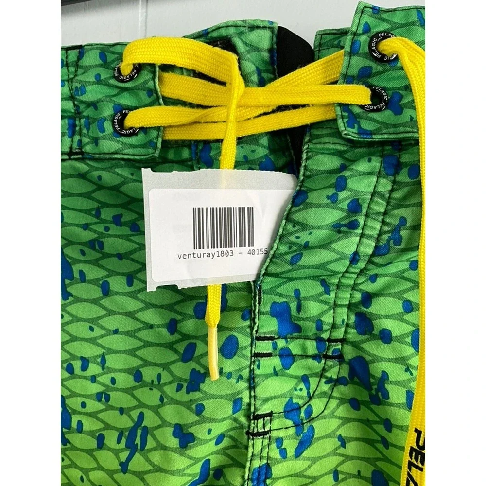 Pelagic Mens Dorado Mahi Mahi Fish Scale Board Shorts Green Yellow‎ Size 36